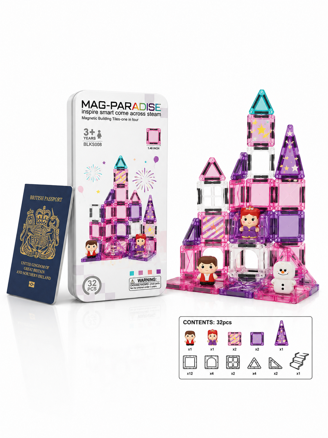 Pink 32-Piece Mini Magnetic Tiles Travel Set - Magnetic Shapes For Kids Plane Activities for Kids Toddler Travel Toys Magnetic Cubes Mini Board Games Kids Travel Toys Travel Magnetic Tiles