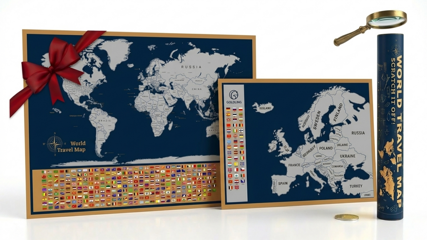 2 Scratch-Off Maps - World Map & Europe Map Poster Set Magnifying Glass, Flags & Tube Included Travel Gift Art Track Your Adventures