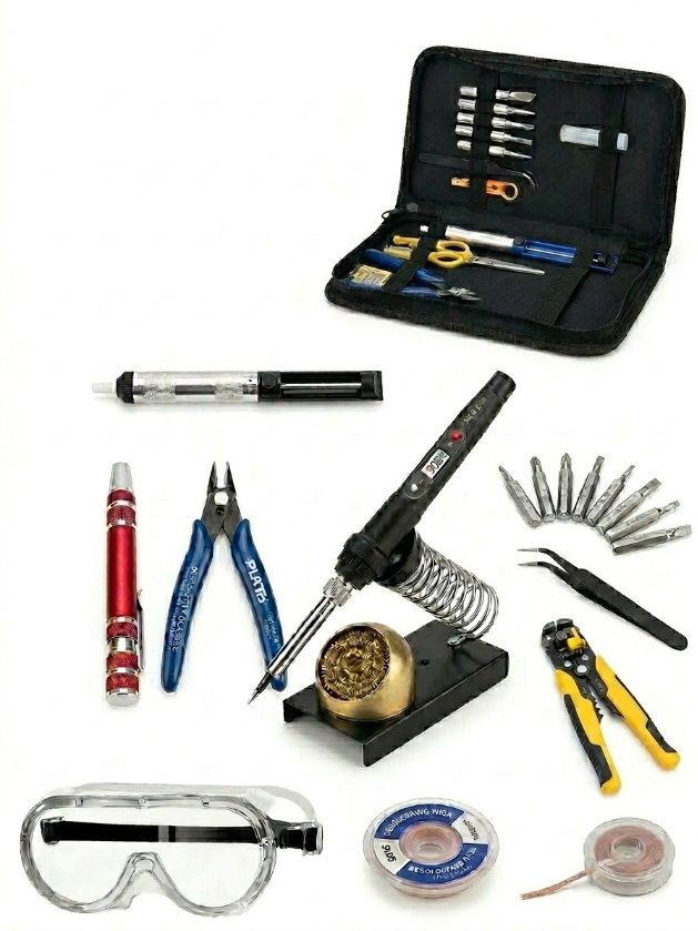 Soldering Iron Kit 80W, 18-in-1 Solder LCD Soldering Kit Soldering Iron with Goggles Solder Wick Desoldering Pump Solder Wire Wire Stripper Soldering Stand Tweezers Tips Cleaner Soldering Station