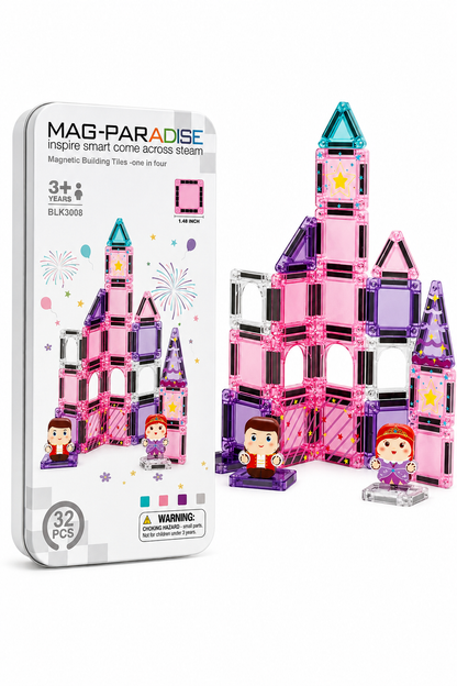 Pink 32-Piece Mini Magnetic Tiles Travel Set - Magnetic Shapes For Kids Plane Activities for Kids Toddler Travel Toys Magnetic Cubes Mini Board Games Kids Travel Toys Travel Magnetic Tiles
