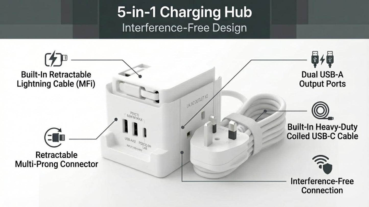 5M Extension Lead Cube with USB Charging Station, Goldling 2 Way Power Strip, Extension Socket with 5M Extension Cable Desk Accessories Travel Plug Extension Lead with USB slots Office Accessories