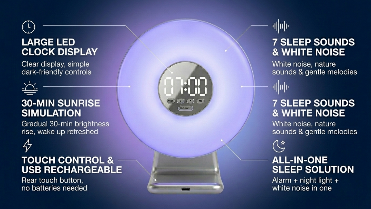 Sunrise Alarm Clock Wake Up Light with White Noise Machine 7 Sleep Sounds Bedside Lamp USB Rechargeable Nursery & Bedroom Gift Gro Clock