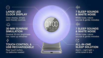 Sunrise Alarm Clock Wake Up Light with White Noise Machine 7 Sleep Sounds Bedside Lamp USB Rechargeable Nursery & Bedroom Gift Gro Clock
