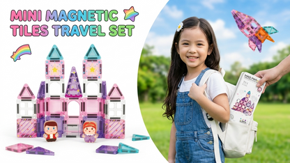 Pink 32-Piece Mini Magnetic Tiles Travel Set - Magnetic Shapes For Kids Plane Activities for Kids Toddler Travel Toys Magnetic Cubes Mini Board Games Kids Travel Toys Travel Magnetic Tiles