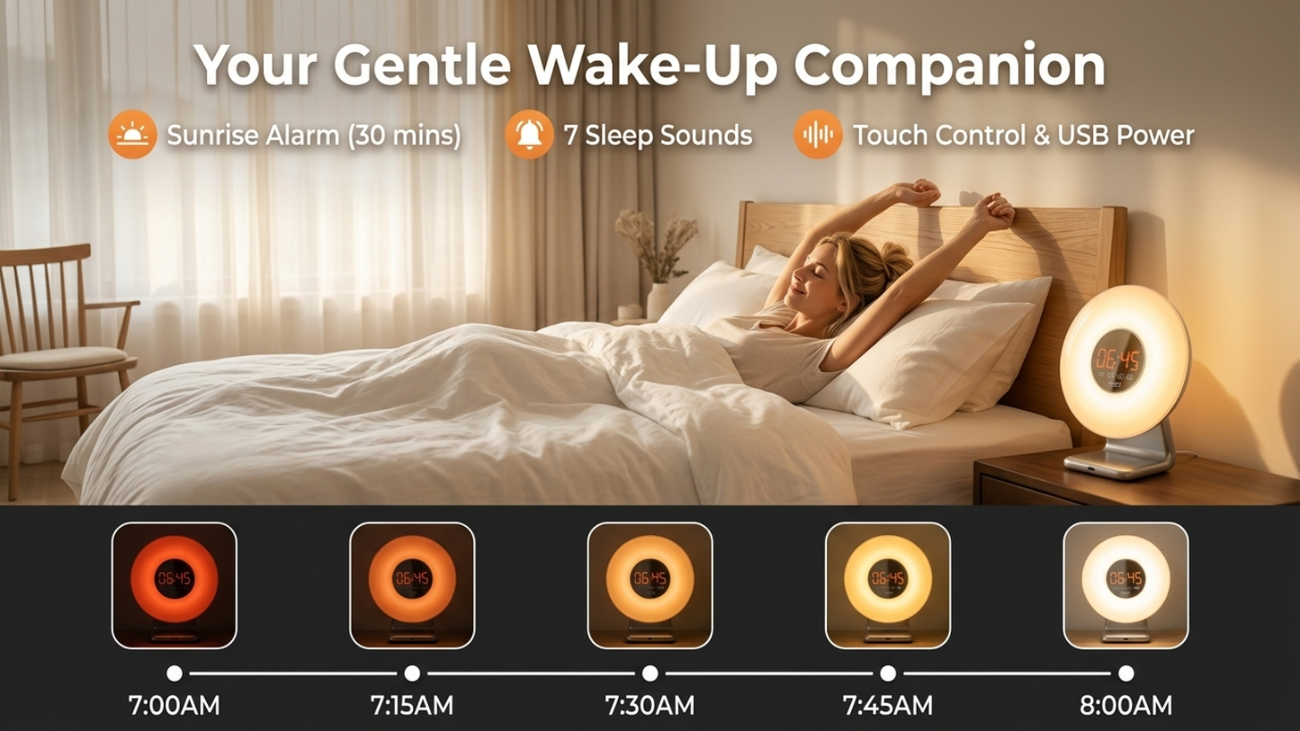 Sunrise Alarm Clock Wake Up Light with White Noise Machine 7 Sleep Sounds Bedside Lamp USB Rechargeable Nursery & Bedroom Gift Gro Clock