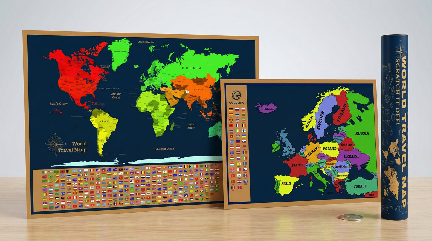 2 Scratch-Off Maps - World Map & Europe Map Poster Set Magnifying Glass, Flags & Tube Included Travel Gift Art Track Your Adventures