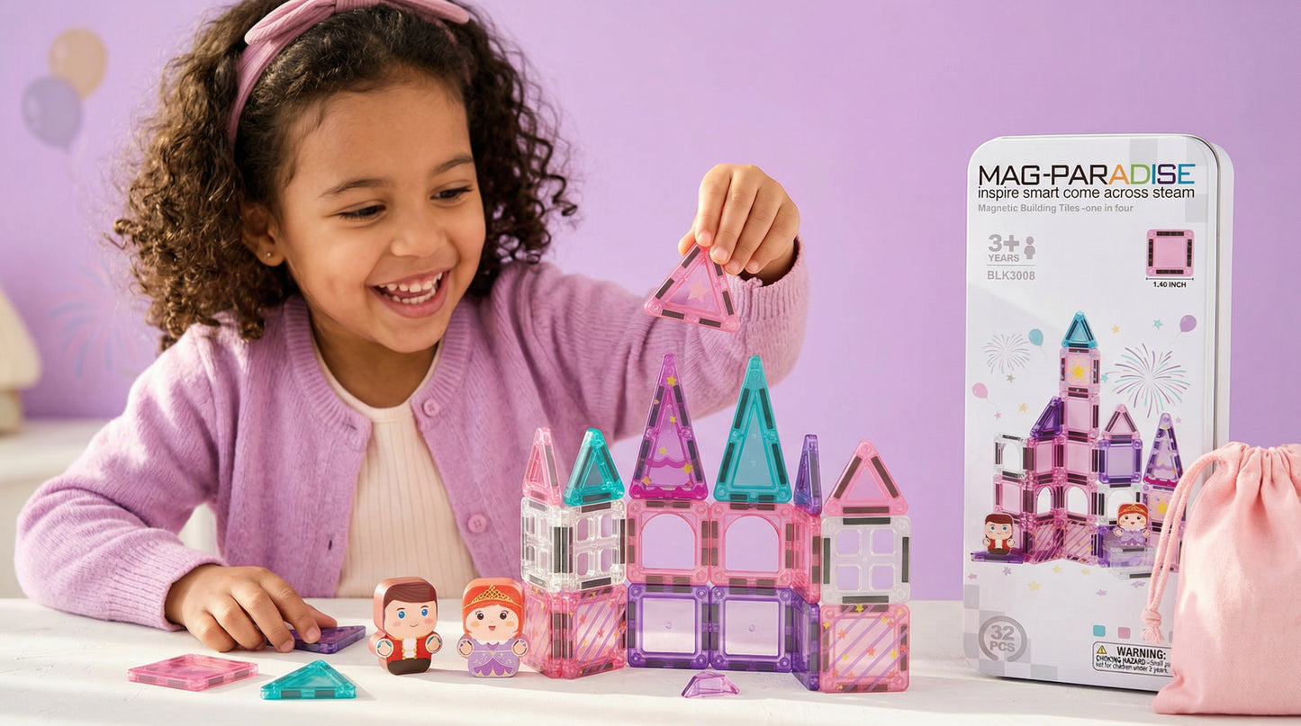 Pink 32-Piece Mini Magnetic Tiles Travel Set - Magnetic Shapes For Kids Plane Activities for Kids Toddler Travel Toys Magnetic Cubes Mini Board Games Kids Travel Toys Travel Magnetic Tiles