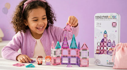 Pink 32-Piece Mini Magnetic Tiles Travel Set - Magnetic Shapes For Kids Plane Activities for Kids Toddler Travel Toys Magnetic Cubes Mini Board Games Kids Travel Toys Travel Magnetic Tiles