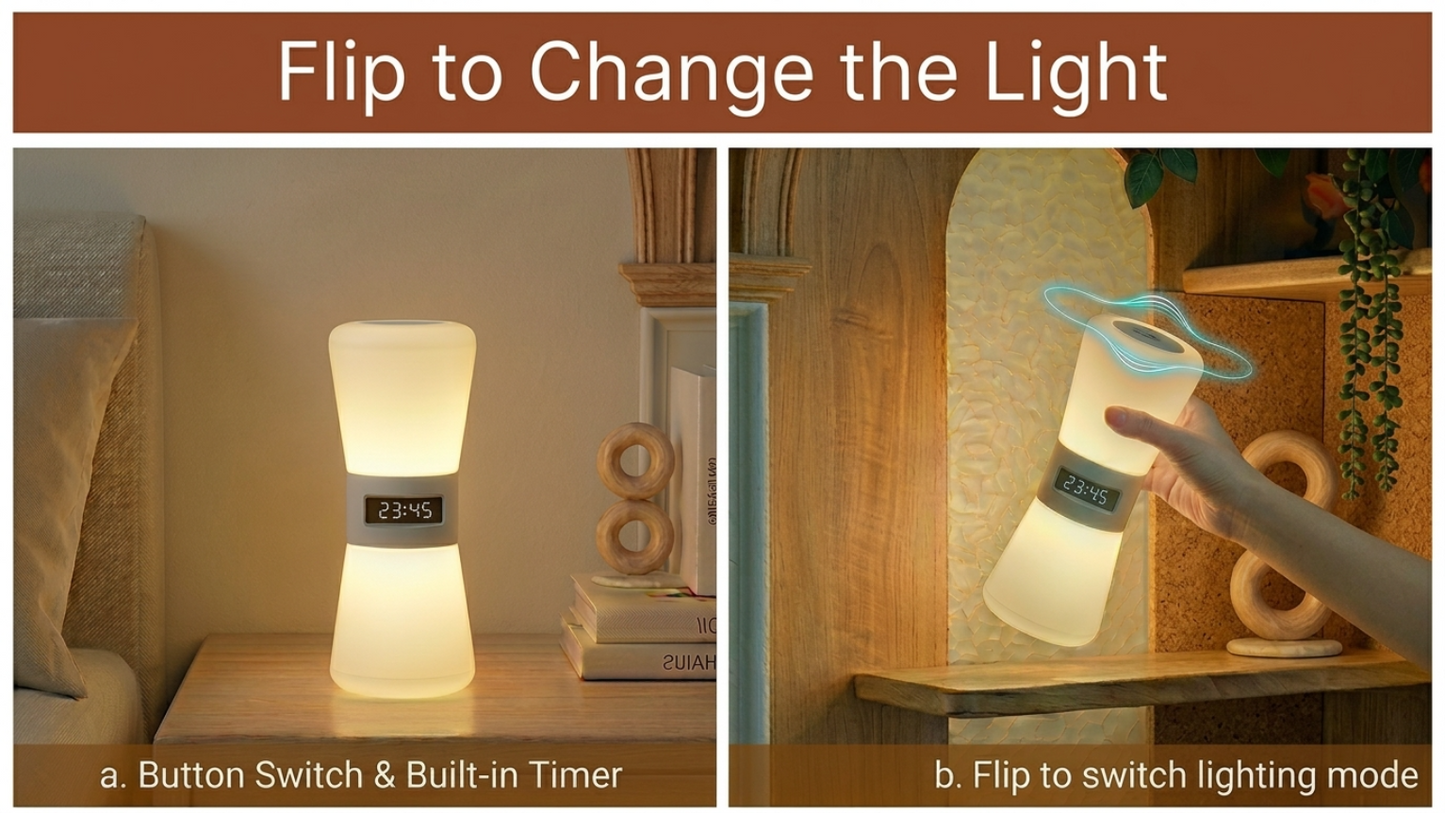 LED Hourglass Timer Night Light Remote Control & USB Powered Warm White Ambient Lamp Bedroom Bedside Mood Lighting Modern Home Décor Gift