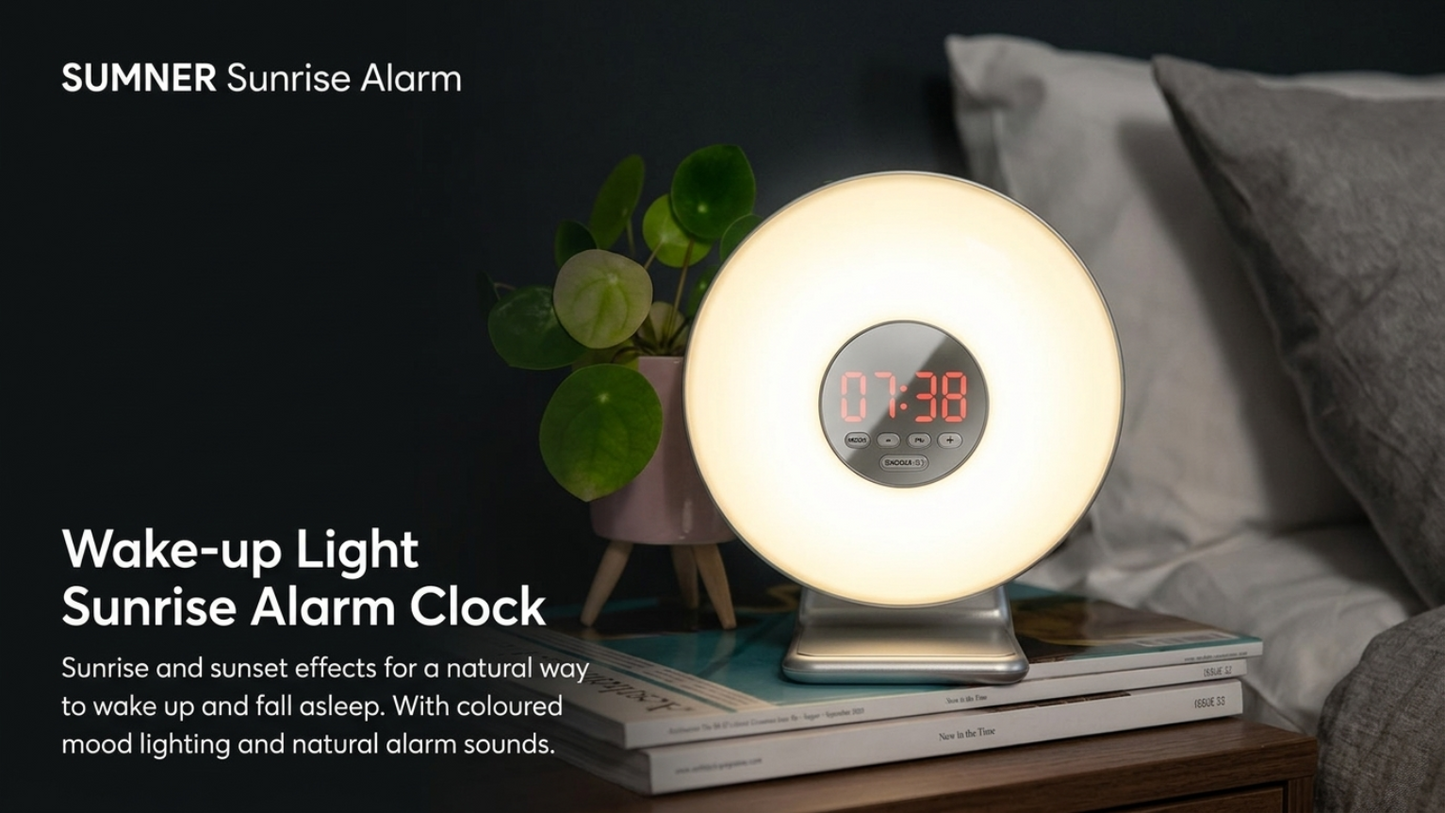 Sunrise Alarm Clock Wake Up Light with White Noise Machine 7 Sleep Sounds Bedside Lamp USB Rechargeable Nursery & Bedroom Gift Gro Clock