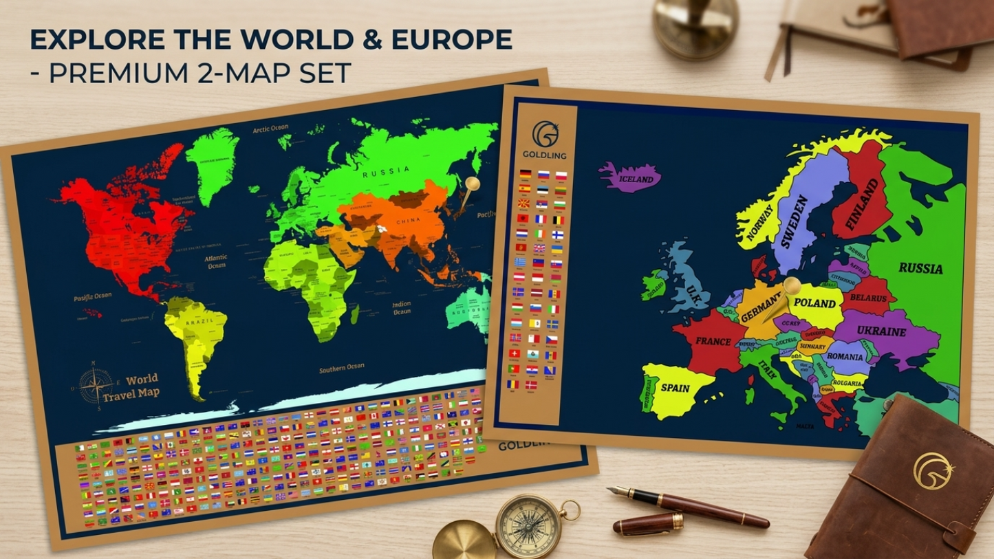 2 Scratch-Off Maps - World Map & Europe Map Poster Set Magnifying Glass, Flags & Tube Included Travel Gift Art Track Your Adventures