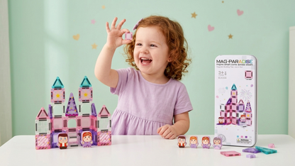 Pink 32-Piece Mini Magnetic Tiles Travel Set - Magnetic Shapes For Kids Plane Activities for Kids Toddler Travel Toys Magnetic Cubes Mini Board Games Kids Travel Toys Travel Magnetic Tiles