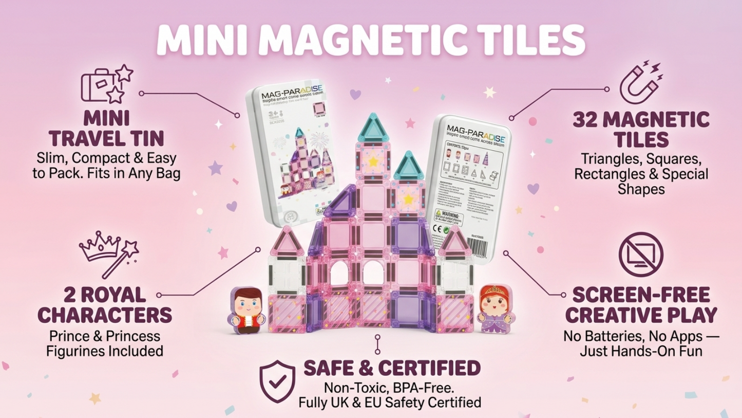 Pink 32-Piece Mini Magnetic Tiles Travel Set - Magnetic Shapes For Kids Plane Activities for Kids Toddler Travel Toys Magnetic Cubes Mini Board Games Kids Travel Toys Travel Magnetic Tiles