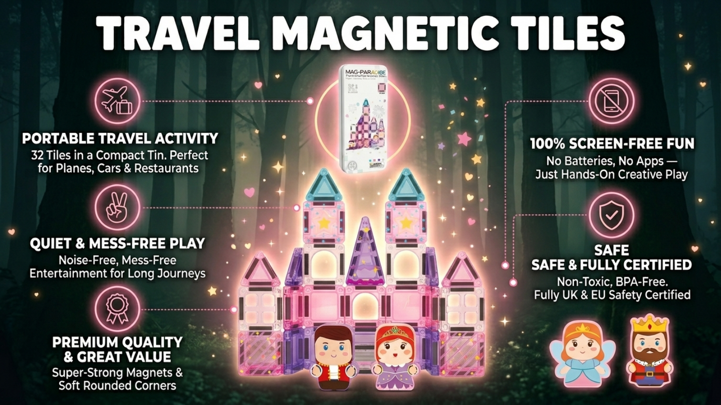 Pink 32-Piece Mini Magnetic Tiles Travel Set - Magnetic Shapes For Kids Plane Activities for Kids Toddler Travel Toys Magnetic Cubes Mini Board Games Kids Travel Toys Travel Magnetic Tiles