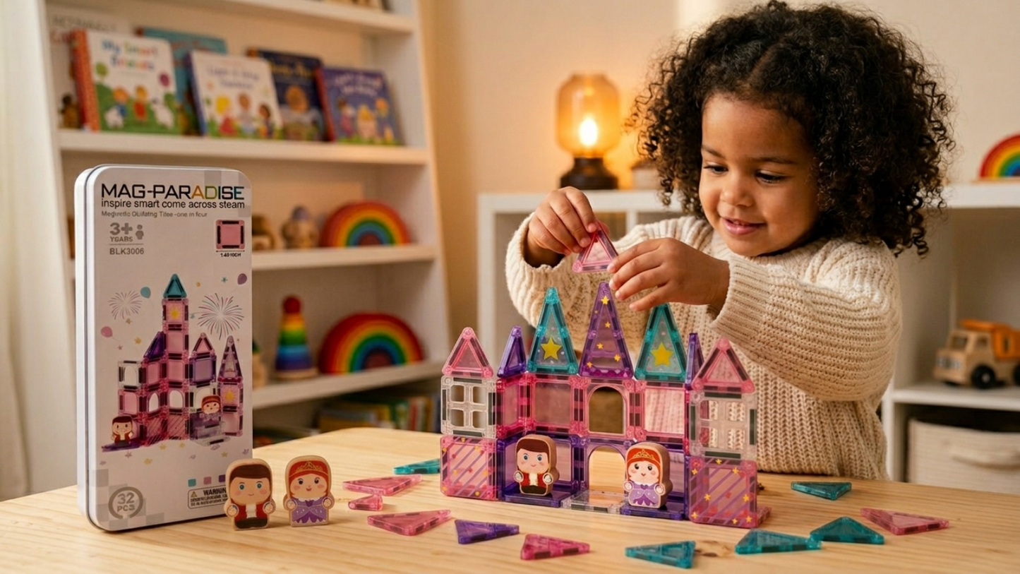 Pink 32-Piece Mini Magnetic Tiles Travel Set - Magnetic Shapes For Kids Plane Activities for Kids Toddler Travel Toys Magnetic Cubes Mini Board Games Kids Travel Toys Travel Magnetic Tiles