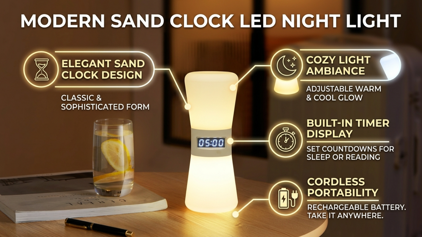 LED Hourglass Timer Night Light Remote Control & USB Powered Warm White Ambient Lamp Bedroom Bedside Mood Lighting Modern Home Décor Gift